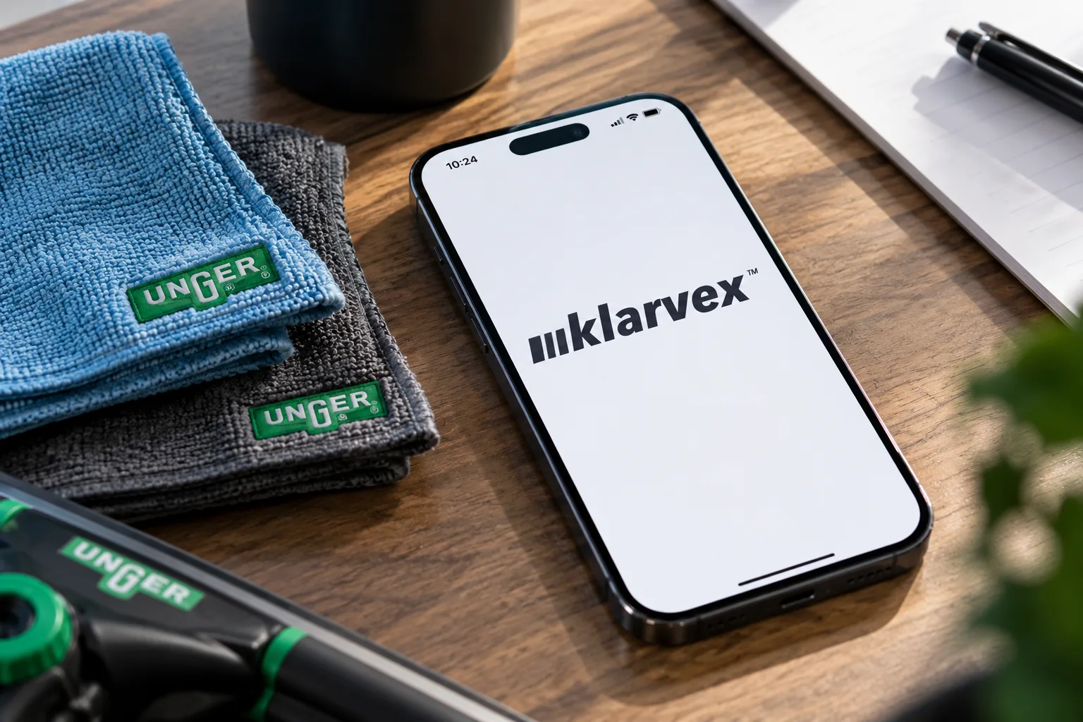 Smartphone mit klarvex-Logo neben Reinigungstüchern auf einem Holztisch
