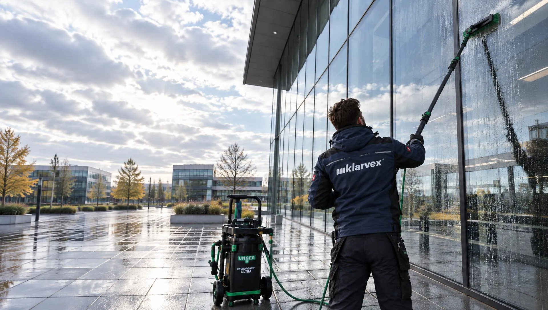 klarvex-Mitarbeiter reinigt eine Glasfassade mit Reinwasser und Teleskopstange
