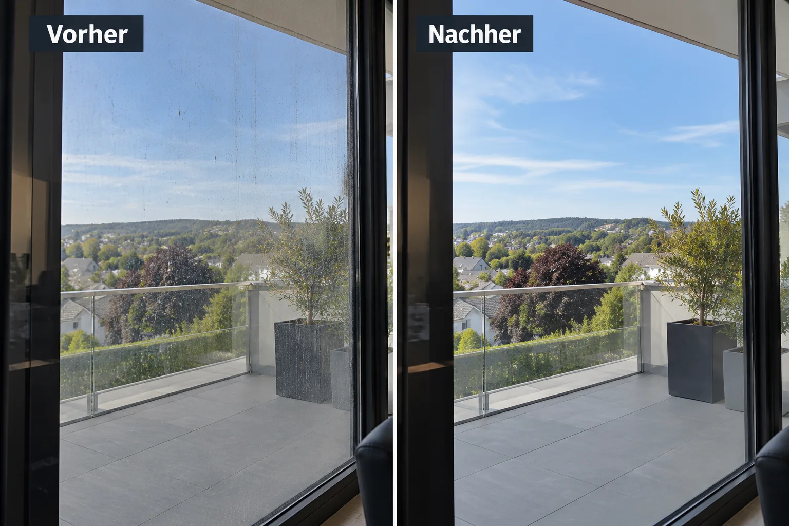 Balkonfenster im Vergleich: vorher verschmutzt, nachher klar gereinigt